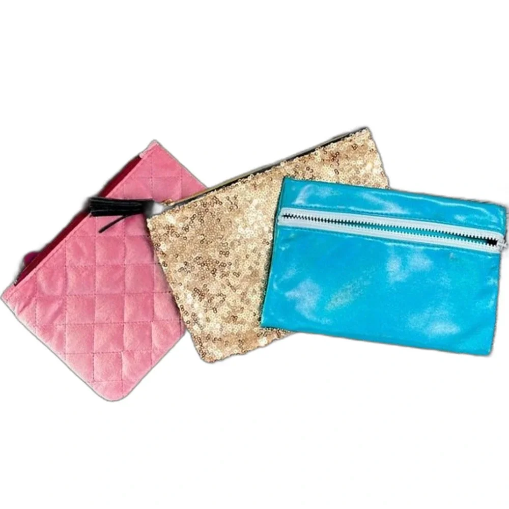 Set of 3 Cosmetic Makeup Bags Zipper Shiny Pink Blue Black
